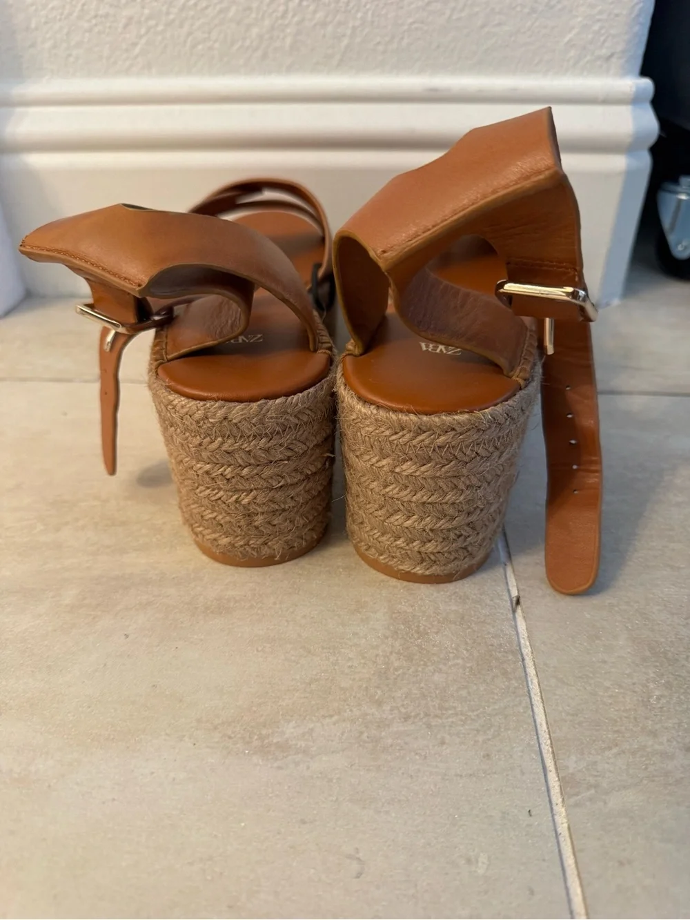 Zara Tan Leather Platform Wedge Sandals